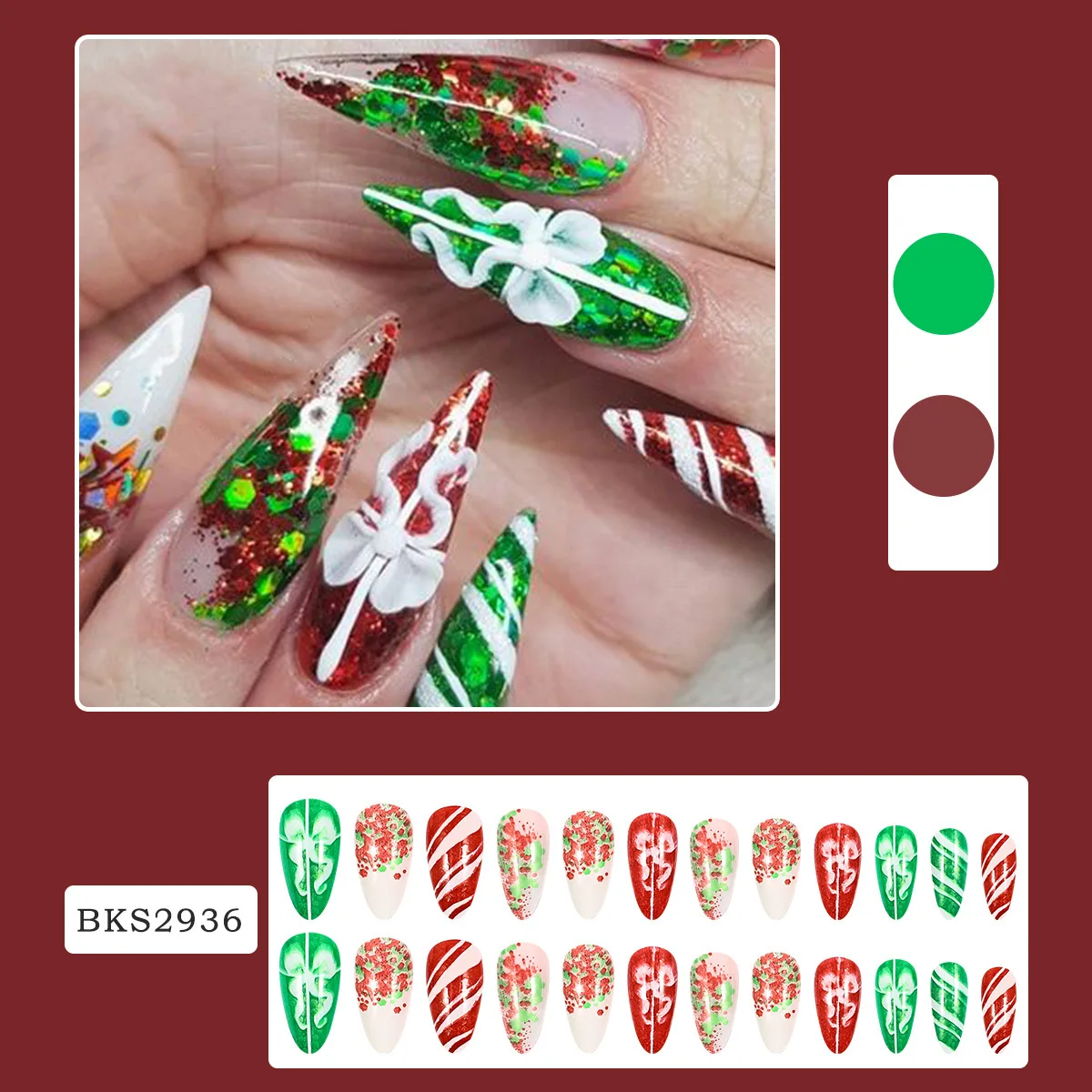 Christmas Press on Nails Medium Stiletto Fake Nails with Christmas Tree Designs Glitter Glue on Nails Xmas Design Full Cover Tip