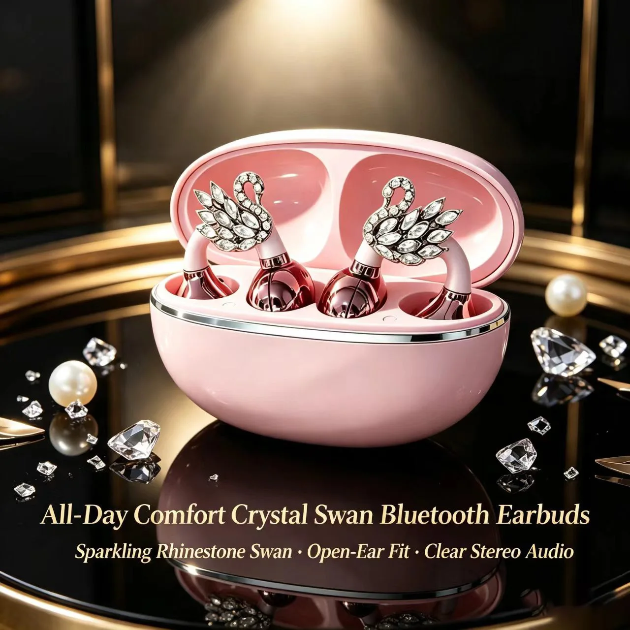 Fashion Swan Clip On Bluetooth Earbuds Open Ear Stereo Headset Touch Control Sport Wireless Earphones Long Battery Life for Gift