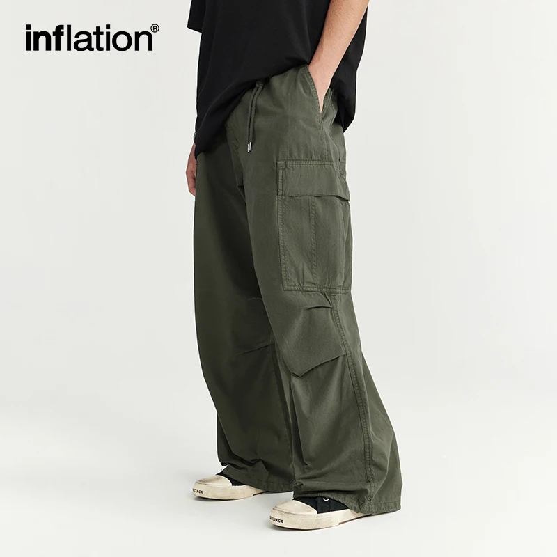 INFLATION Minimalism Washed Wide Leg Cargo Pants for Men 2024 Trendy Multi Pockets Casual Trousers