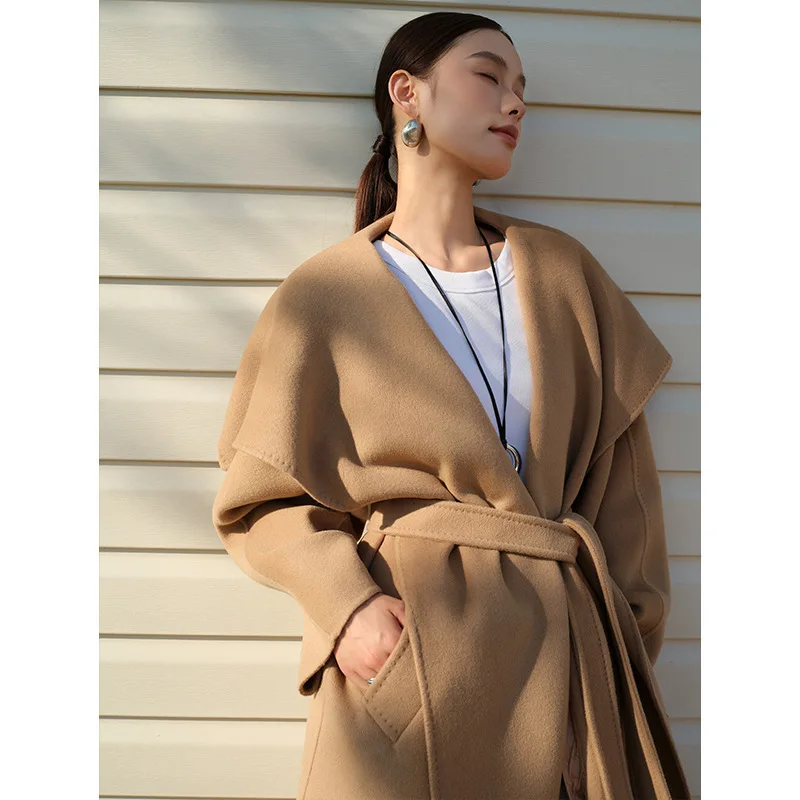 UMI MAO Double-Sided Wool Coat Women Autumn Winter Sheep Wool Large Lapel Mid-Length Wool Coat Female Overcoat