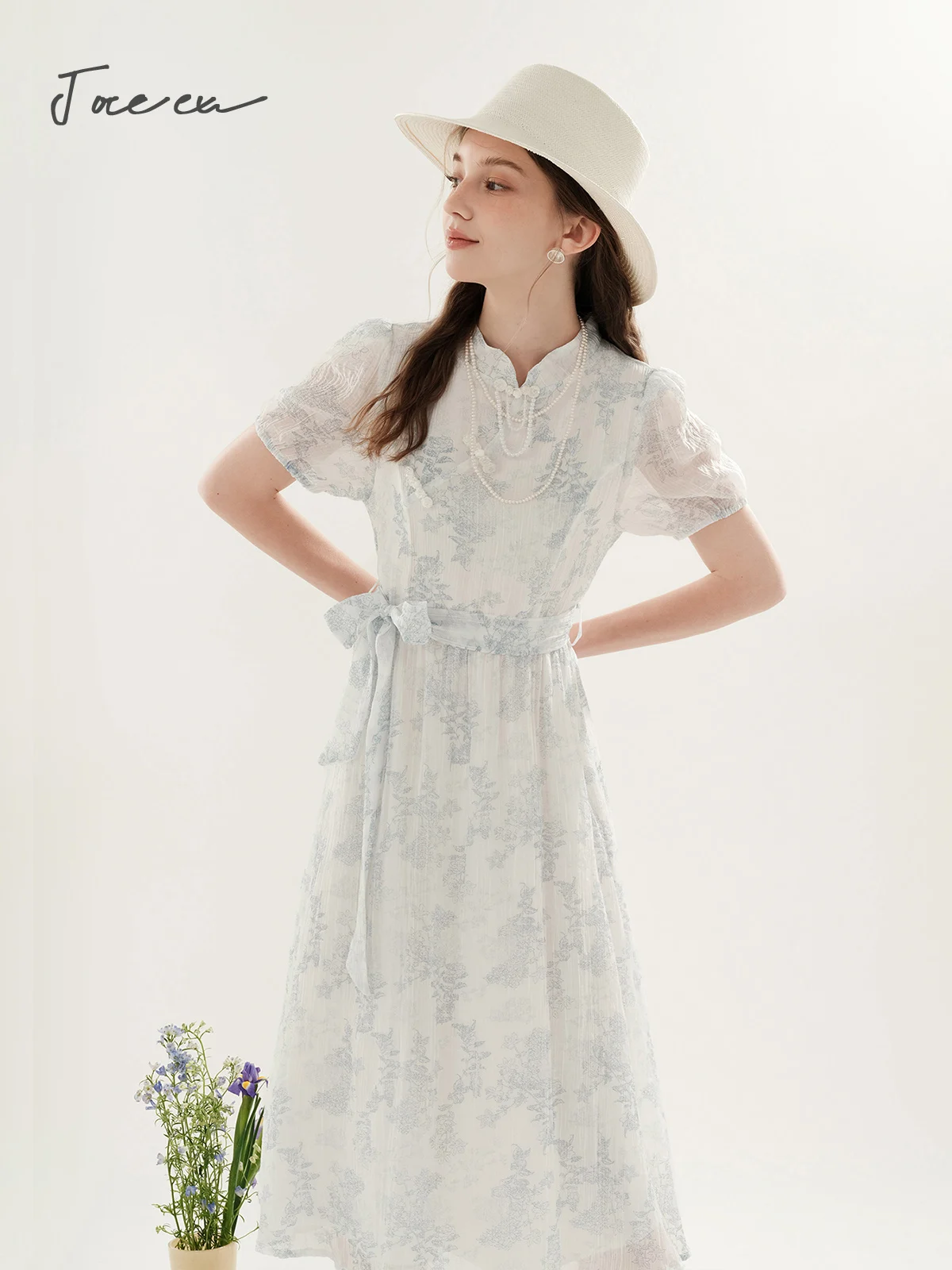 

JOREEU Women's Summer Floral Dress 2024 Chinese Style Stand Collar Tie Belt Elegant Fitted Midi Dresses Womens Clothes TM00120