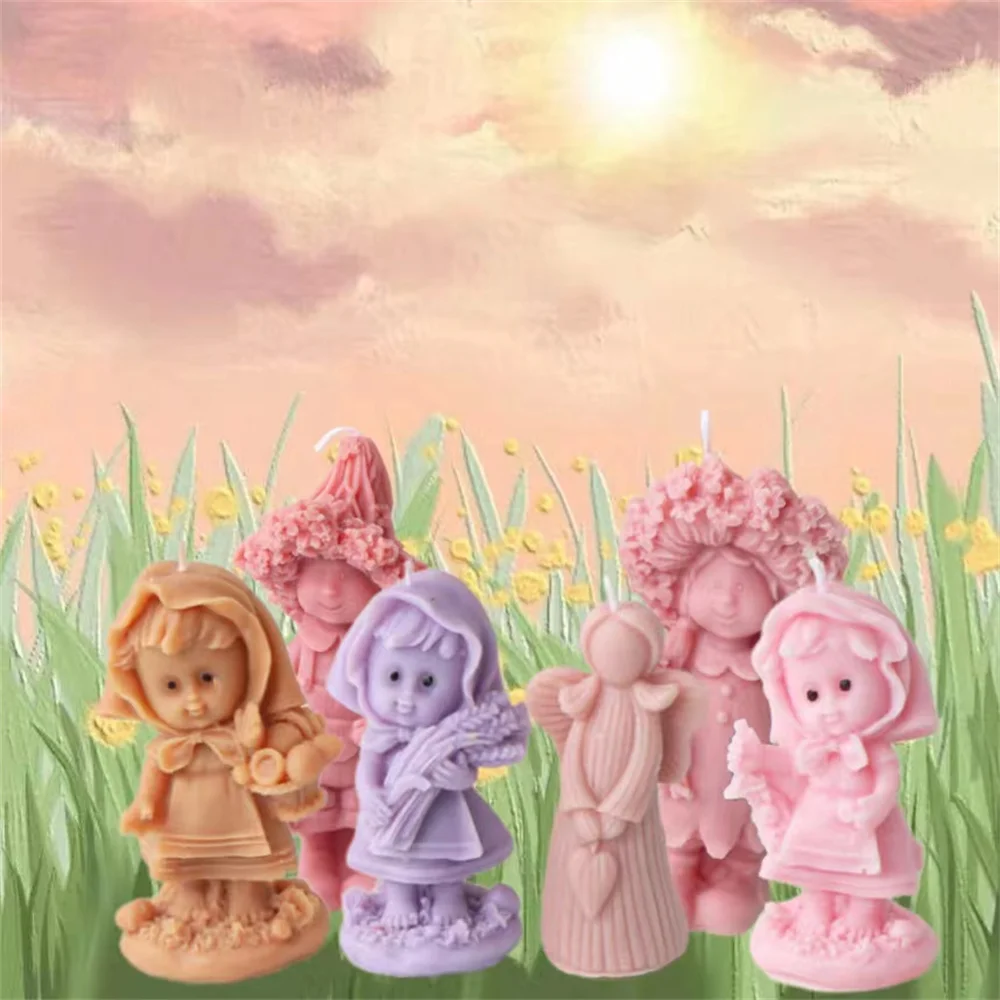Flower Holding Boy Girl Silicone Candle Mold Little Female Doll Wax Soap Resin Mould Handmade Gift Crystal Epoxy Casting Tool