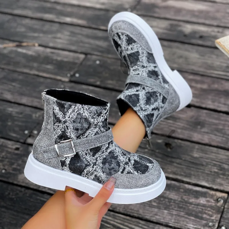 

2025 Winter Block Heel Ankle Boots Women's Fashion Round Toe Zipper Denim Platform Non-Slip Wear-Resistant Women Single Boots