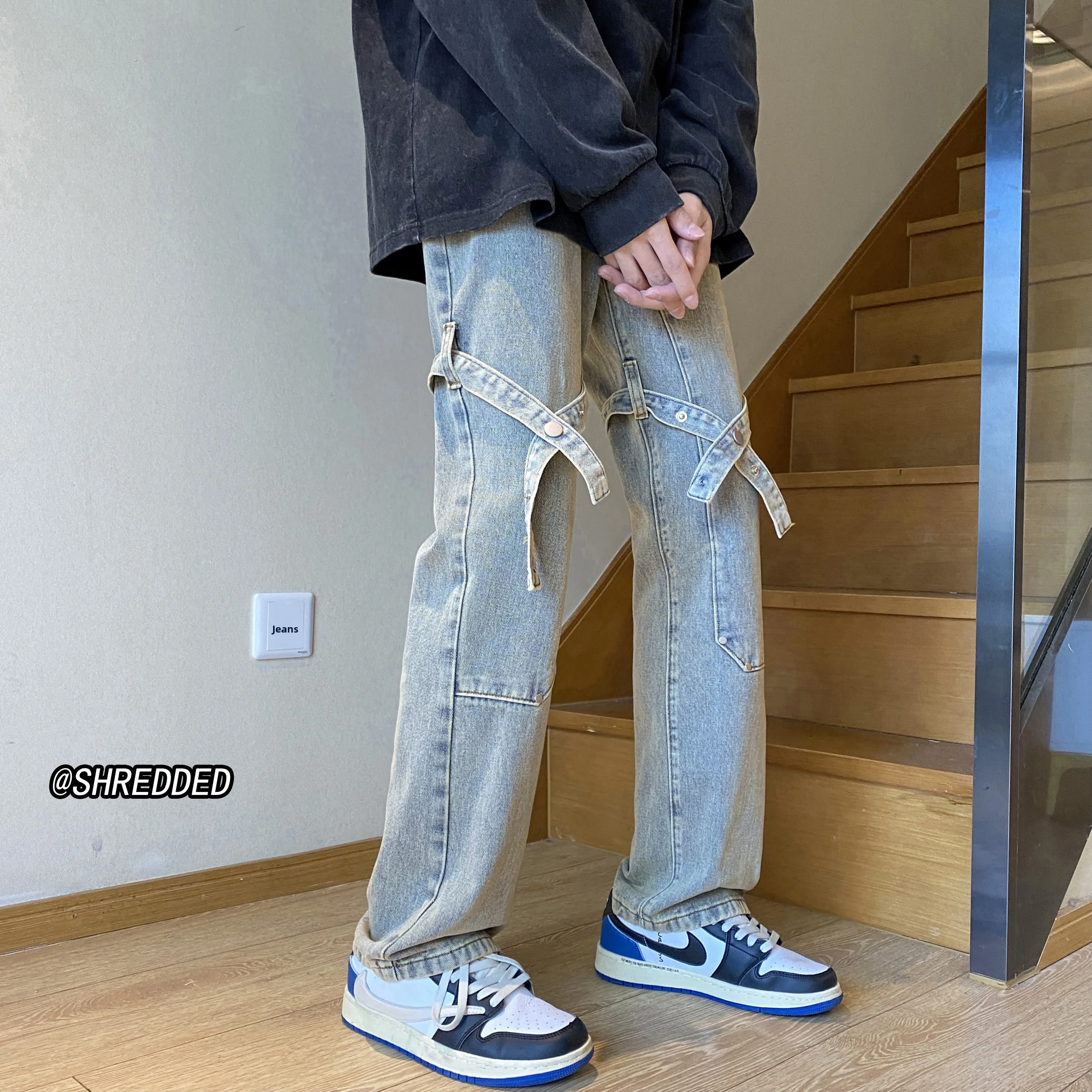 

Мужские джинсы в стиле ретро American High Street, весенне-осенние, рабочие, свободные, расклешенные, прямые, из денима, молодежные, трендовые, износостойкие