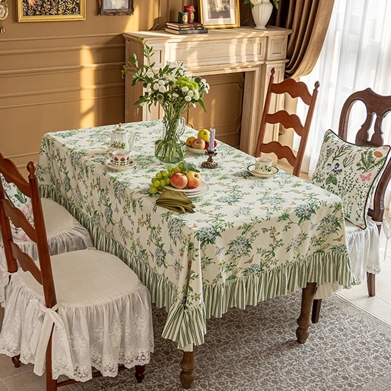 French Pastoral Tablecloth Retro Light Green Floral Rectangular Diningtable Cloth Coffeetable Tablecloth Custom Home Decor