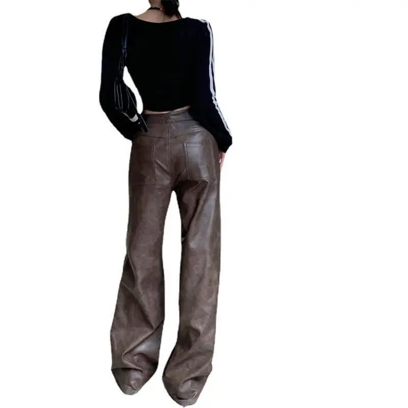 LGRQ 2025 new spring and autumn fashion women clothes PU leather full length pants female trousers WQ1016404L