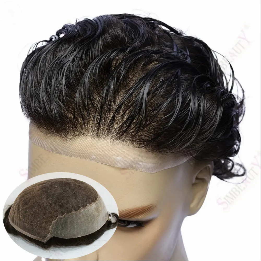 

Мужской парик-накладка Q6 с невидимой линией роста волос, черный/серый (1B80, 1B40), прочный кружевной и полиуретановый протез для волос, 100% натуральные человеческие волосы