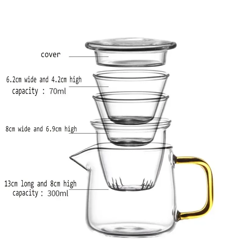 여행용 쿵푸 유리 차 세트, 자동차 운반 가방 포함, 휴대용 야외 1 냄비 2 컵, 우아한 작은 거품 차 컵, 빠른 손님 티팟