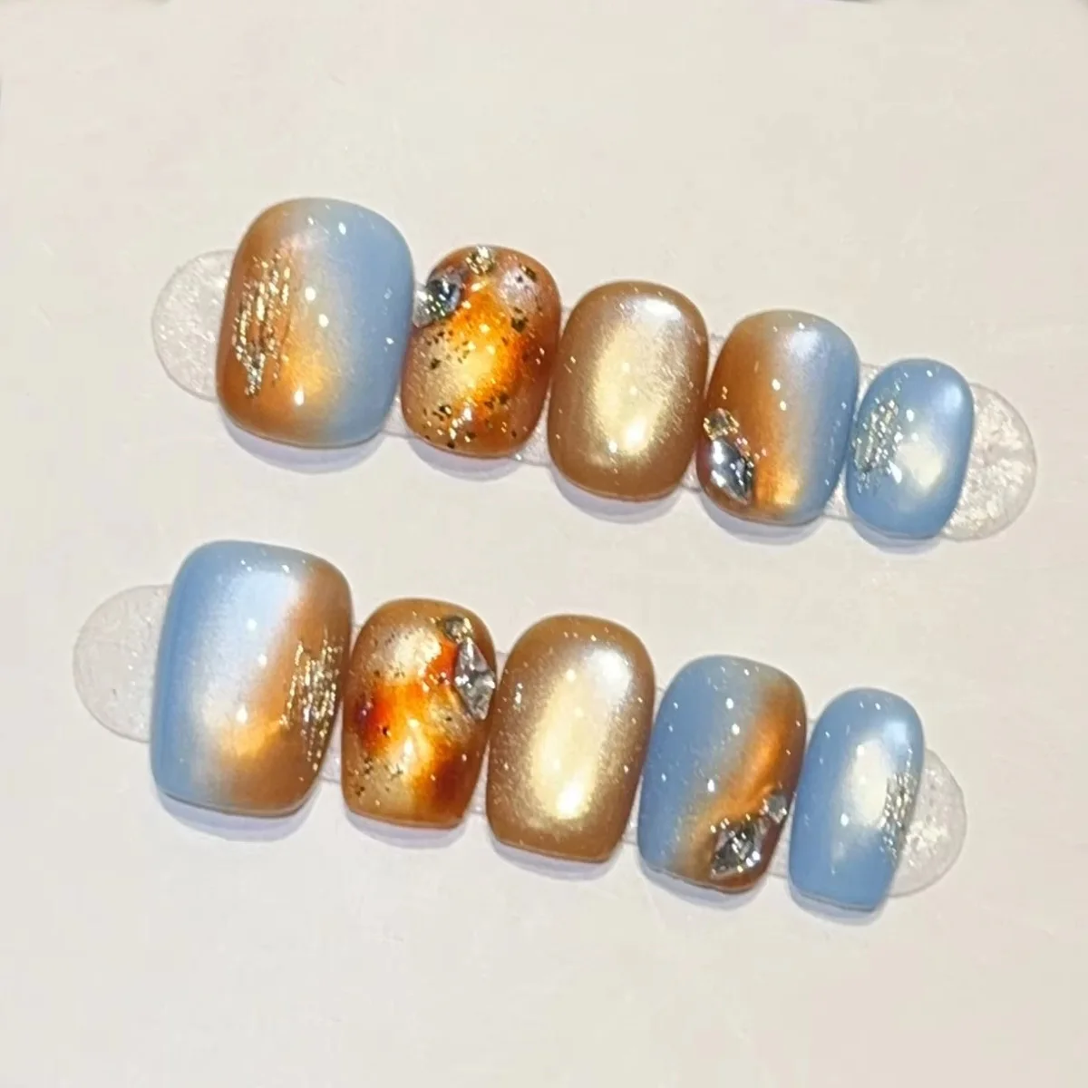 

10pcs Short Square Round Handmade Nails Caramel Amber Gradient Press on Nail Blue Ocean Full Coverage Nail Tips for Women