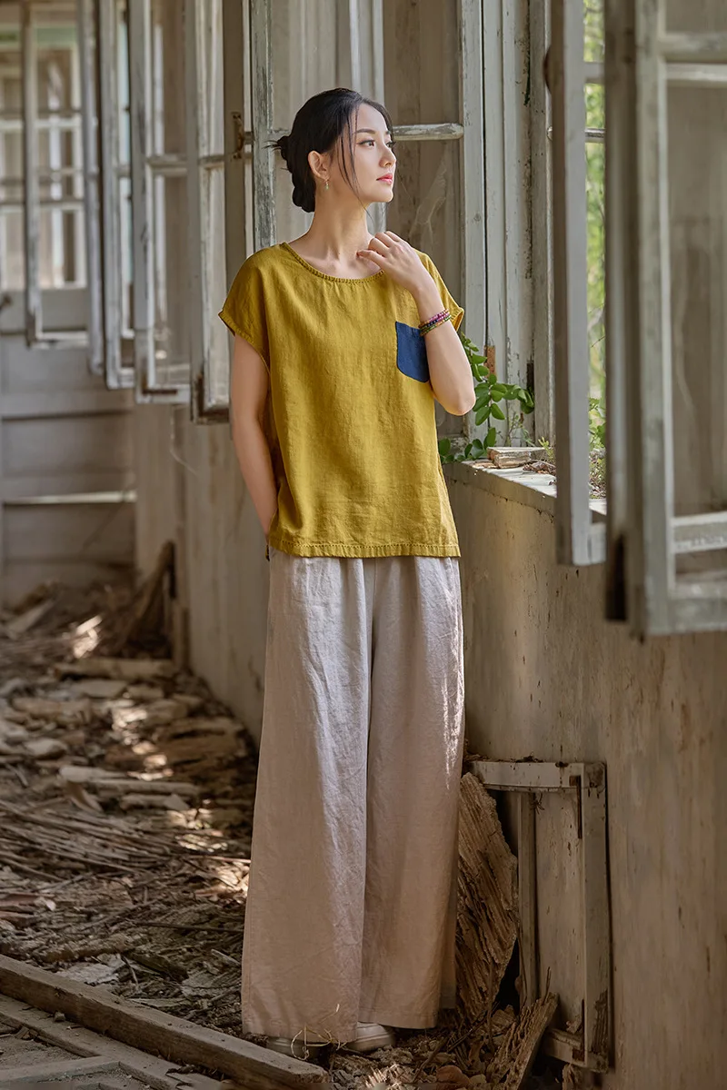 Jesienne lniane spodnie: cienkie, z elastyczną talią, luźne, wyszczuplające, uniwersalne damskie spodnie typu palazzo