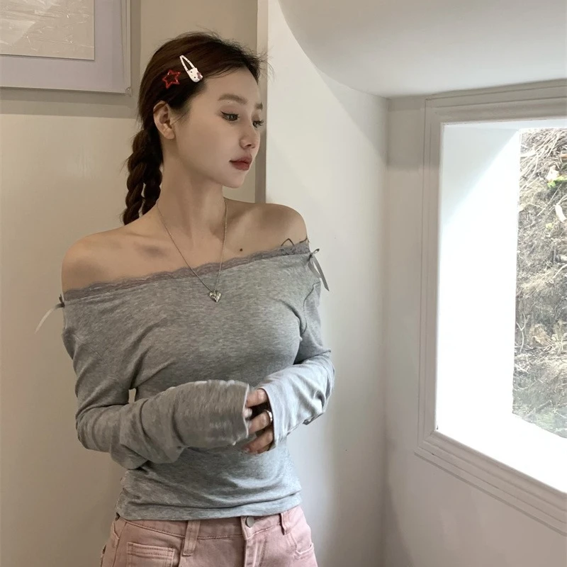 Design Lace Sexy T Shirt Women Spring and Summer New Slash Neck Solid Long Sleeve Tops Slim Casual Versatile Tees Female