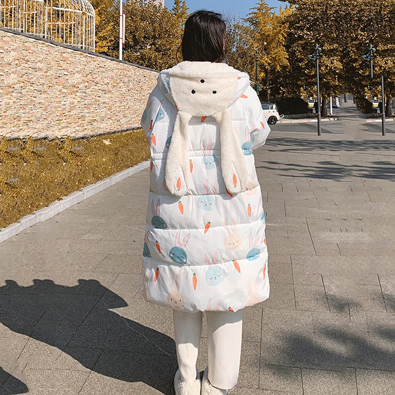 Women\'s Winter Coat White Duck Down Material Hooded Cute Rabbit Ears Thickened Quality Long Loose Fashion Casual Jacket Female