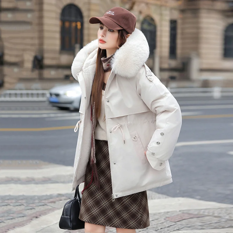 2022 Streetwear Winter Parka Vrouwen Fleece Fluwelen Jassen Winddicht Warm Dikker Bovenkleding Losse Grote Bontkraag Kapmantels