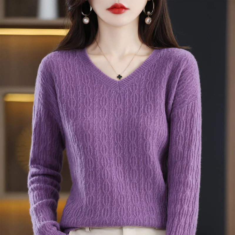 

100% pure wool V-neck women's pullover cashmere sweater spring and autumn new warm knitting fashion long sleeve solid color.