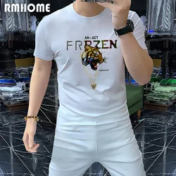 Men's Short Sleeved T-shirt Mercerized Cotton Sequin Gold Necklace Tiger Head Male Tees Summer New Style European Fashion Tops