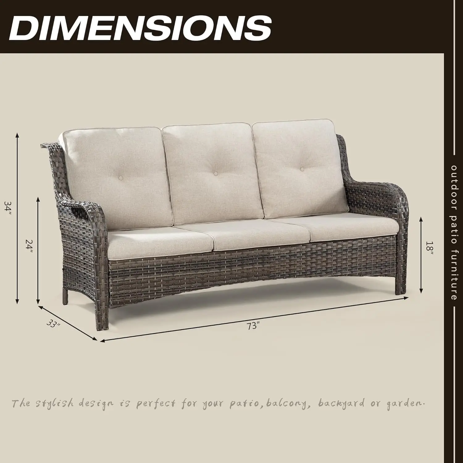 Joyside Outdoor Patio Couch Wicker Sofa - 3-osobowa sofa rattanowa do ogrodu na zewnątrz patio z głębokimi siedzeniami i poduszkami Olefin (Mi