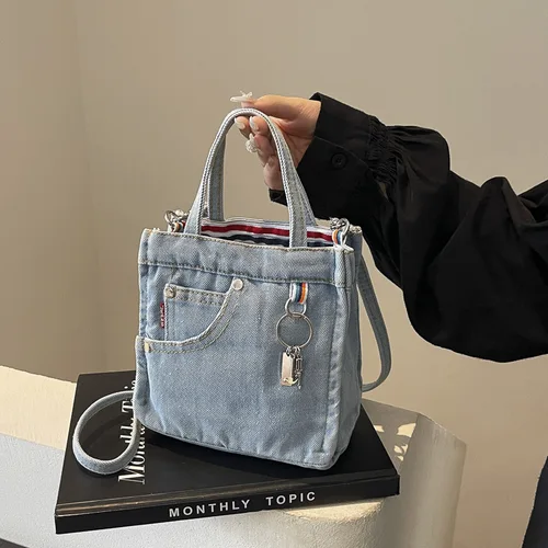 Bolso de mano vaquero lavado para mujer, bandolera de un solo hombro, 1 color sólido