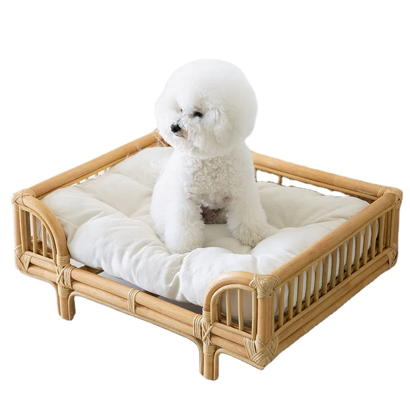 

Hot Sale Indoor Pet Dog Sofa Bed Cat Pet Nest Natural Style Durable Breathable Rattan Wood Furniture Bed with Cushion