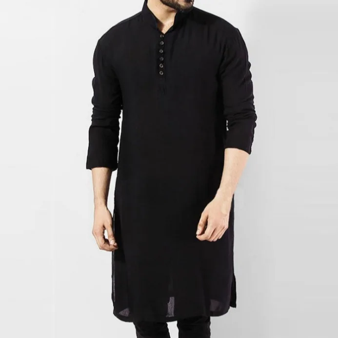 2025 Arabic Style Fashion Simple Long Men's Shirt Robe Thickened Fleece Lined Nine-Quarter Sleeve  Collar Autumn Wear