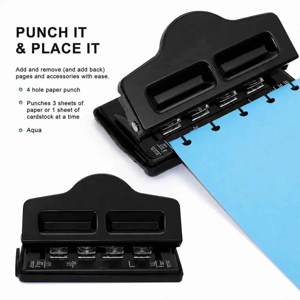 1 Pack 4-Hole Mushroom Shape Hole Punch with Positioning Ruler, Metal T-Binding Tool for Scrapbooks and Notebooks