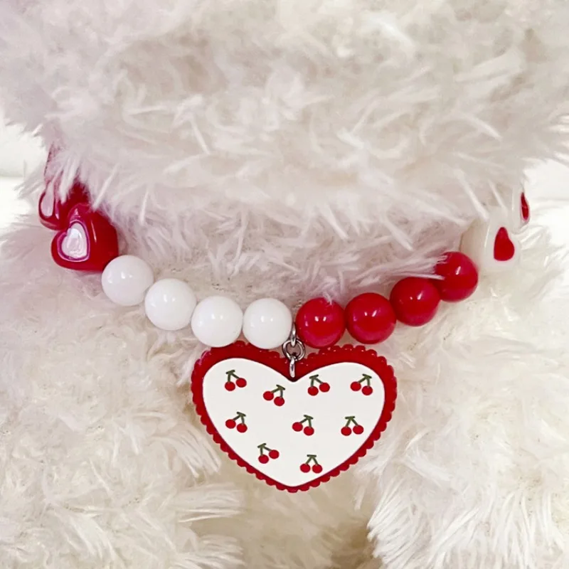 Pet Love Cherry Necklace Dog Bear Necklace Collar Cat Dog Bell Necklace Decoration Handmade Cherry Pet Supplies Dog Accessories