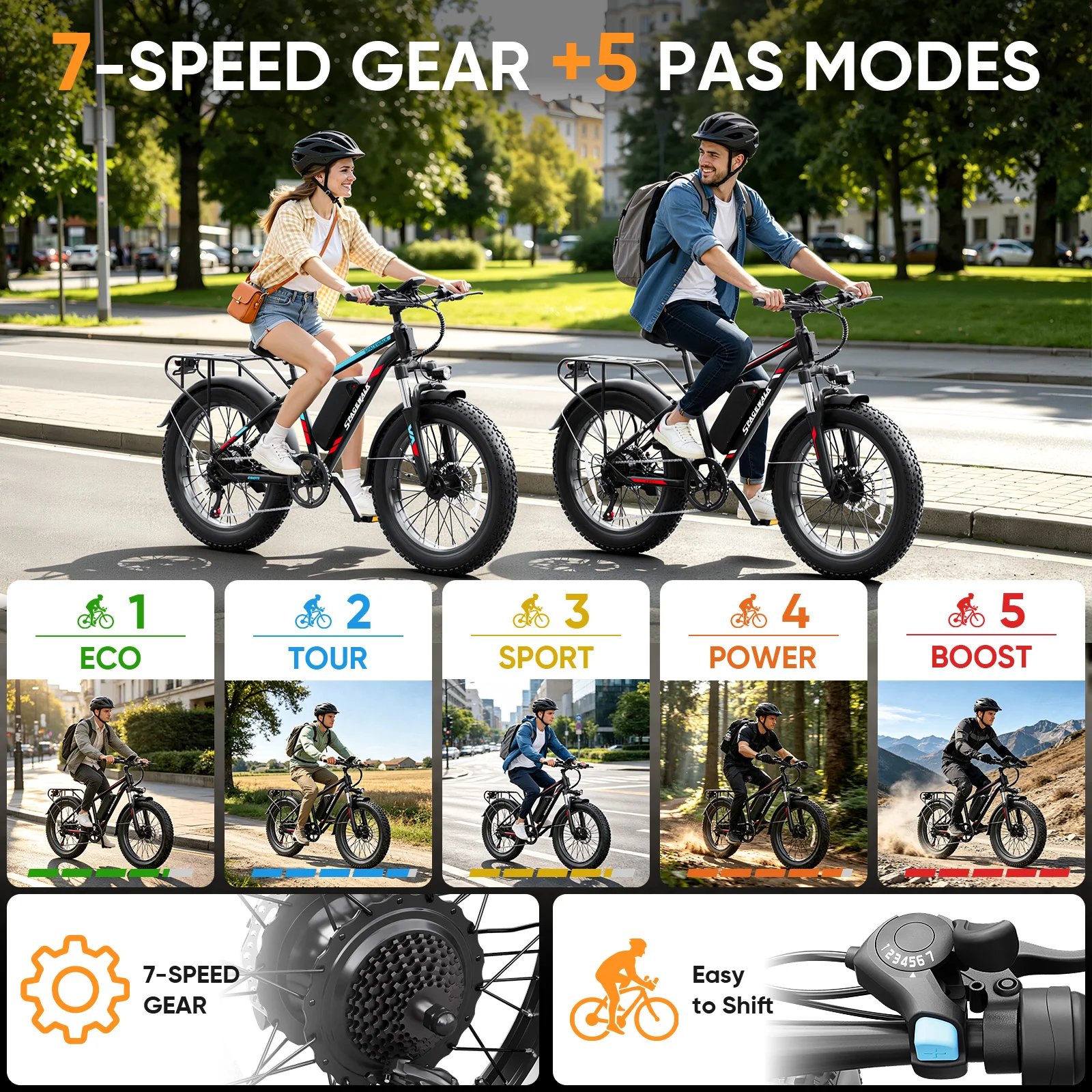 Spacewalk 1500W Peak Motor Electric Bike for Adults 26"x4.0 Fat Tire E-Bike, 48V 15Ah Removable Battery, 28MPH Fast Speed, 60 Miles Range, NFC Unlock, Front Suspension, 7-Speed Mountain Ebike with Rear Rack view 6