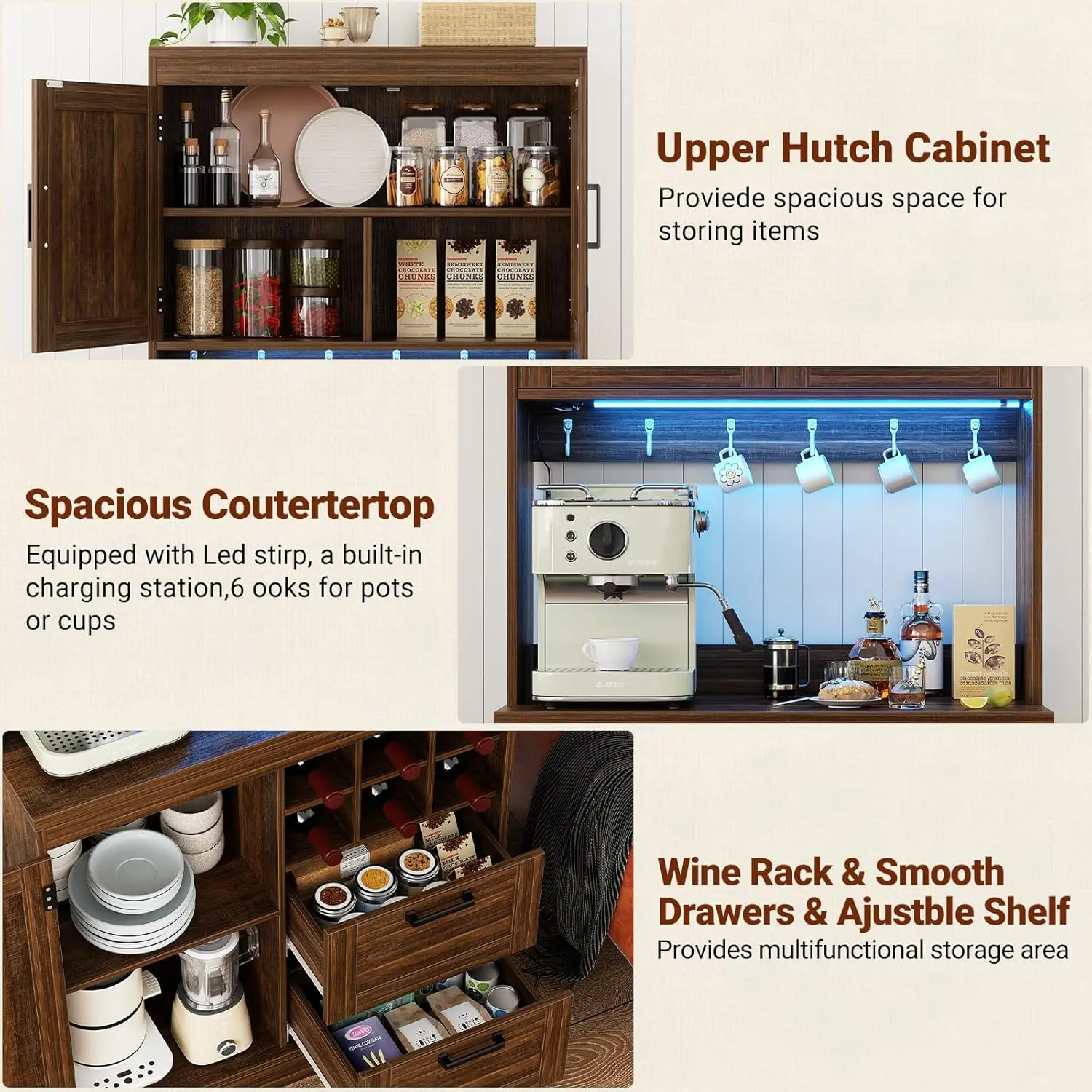 72" Tall Kitchen Pantry Cabinet With LED Light & Outlet, Kitchen Hutch Coffee Bar With Microwave Stand, Wine Rack,, Customized