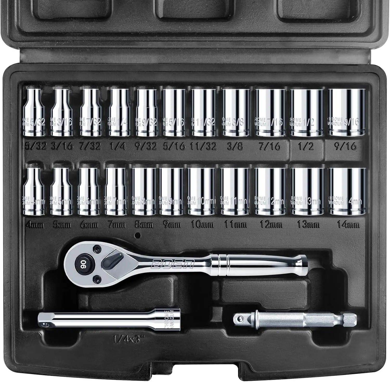 

25-Piece 1/4' Drive Socket Set, SAE & Metric, 6-Point Shallow Sockets with Ratchet, Extensions, Storage Case, Cr-V Steel
