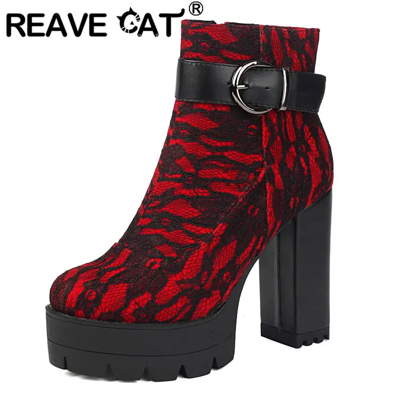 

REAVE CAT 2025 Women Sexy Ankle Boots Round Toe Block Heel 11cm Platform 3.5cm Zipper Belt Buckle Big Size 48 49 50 Dating Bota