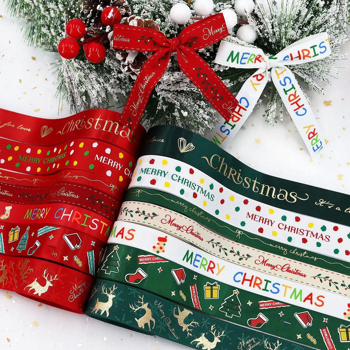 Merry Christmas Ribbon Classic Christmas Deer Printed Ribbon Bows DIY Fabric Ribbon Xmas Gift Wrapping Belt Decoration Navidad