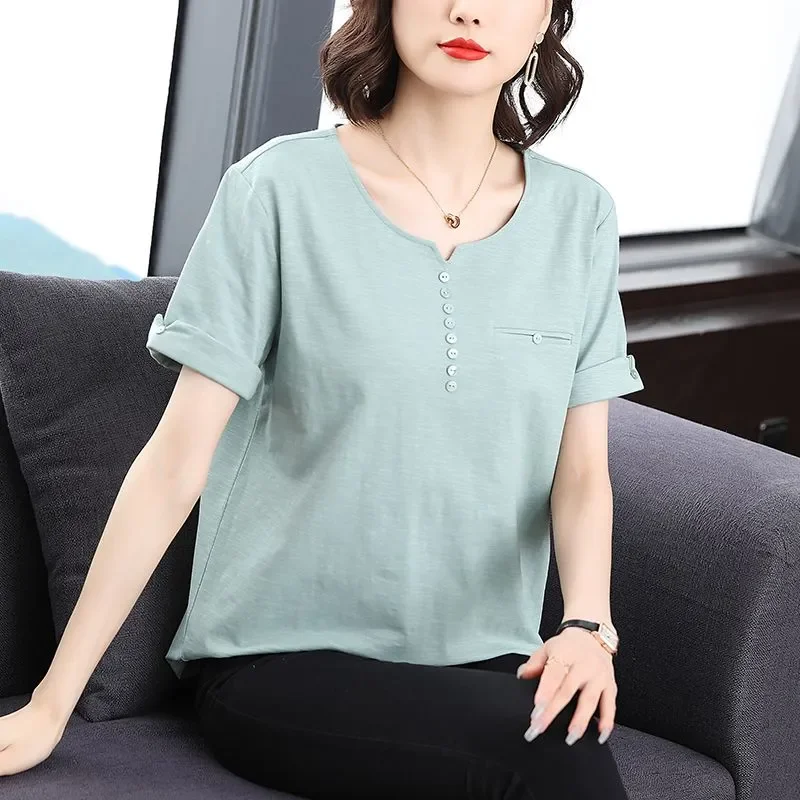 

Women's Casual V-Neck T-Shirt Short Sleeve Solid Color Loose Fit Summer Basic Top