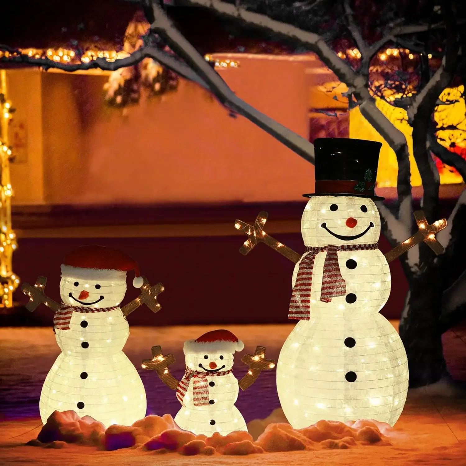 

Lighted Outdoor Christmas Decoration, 3-Piece Snowman Family Holiday Decor Set with 270 LED Lights and Ground Stakes