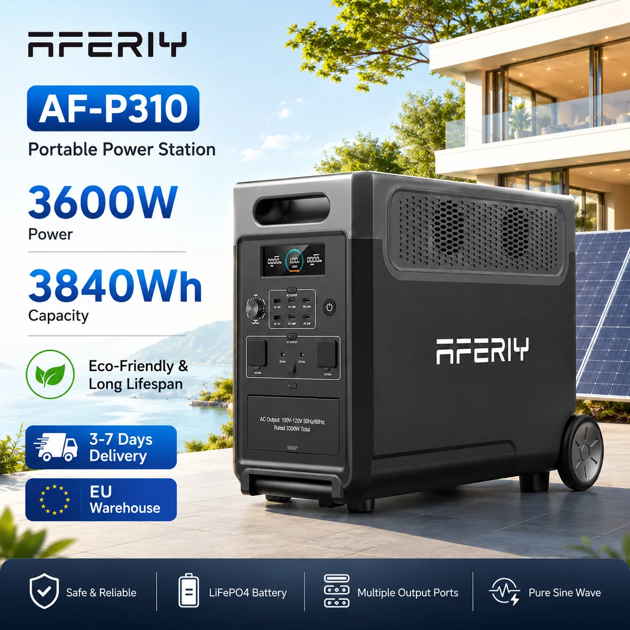 Station d'alimentation portable AFERIY AF-P310 3600W 3840Wh LiFePO4, générateur solaire extensible jusqu'à 11520Wh, 3500+ cycles, charge rapide 2200W, entrée solaire 2000W, onde sinusoïdale pure 230V, PD100W pour maison, urgence, camping-car, hors réseau, chantier