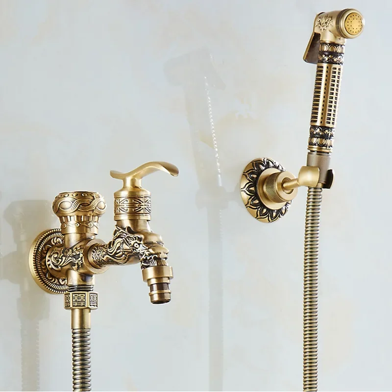 Antique Carved Bidet Faucet Wall Mounted Brass Bathroom Shower Toilet Washing machine Faucet Cold Water with Hand shower Bracket