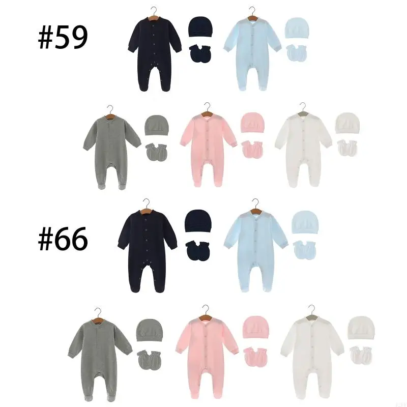 J2FF Newborn Rompers Clothing Set Anti-Scratch Gloves Mitten Photo Props Turban Hat Unisex Clothes for Babies Boys Girls