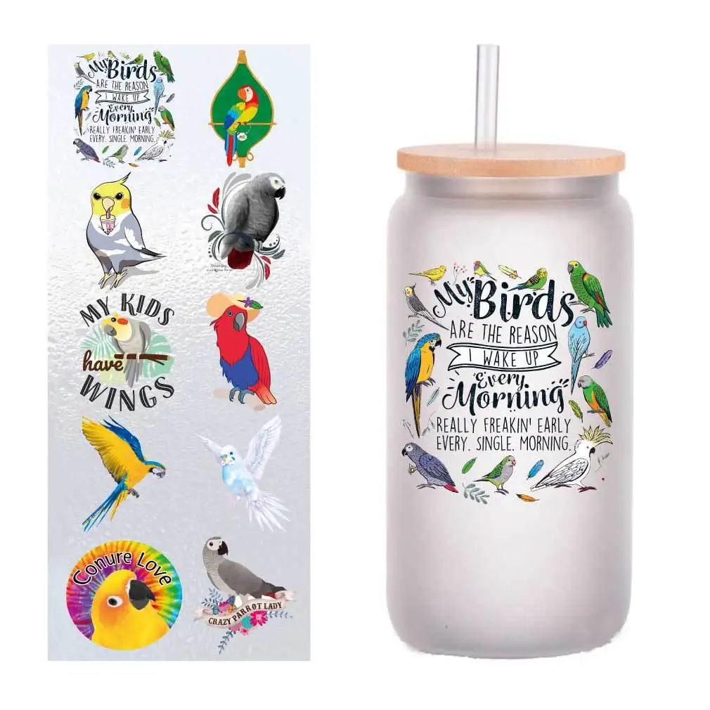

10 four-inch cartoon parrot series UV transfer stickers Crystal label glass stickers customized