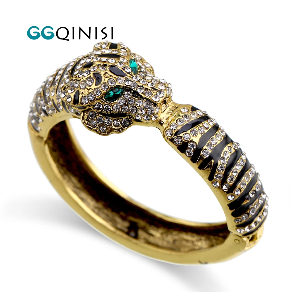 

GGQINISI New Arrivals Luxury Statement Vintage Bangle Cuff Bracelet for Women Antique Gold Color Inlaid Crystals Tiger Bracelets