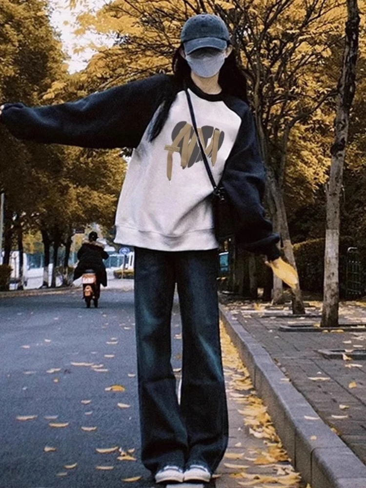 

Ретро-свитшот в американском стиле для женщин, весенне-осенний, повседневный, оверсайз, с вставками на плечах, длинными рукавами, круглым вырезом, из хлопка, в стиле Sweet Sle