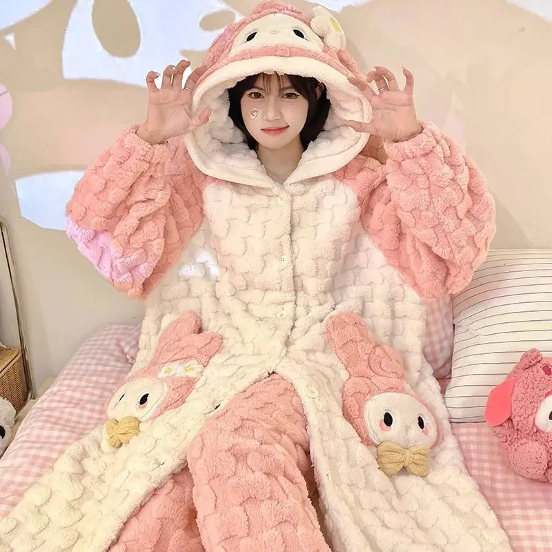 Anime Kuromi Women Nightgown Suit Sanrios Cinnamoroll Cute Thicken Warm Coral Velvet Pajamas Autumn Winter Plus Fleece Homewear