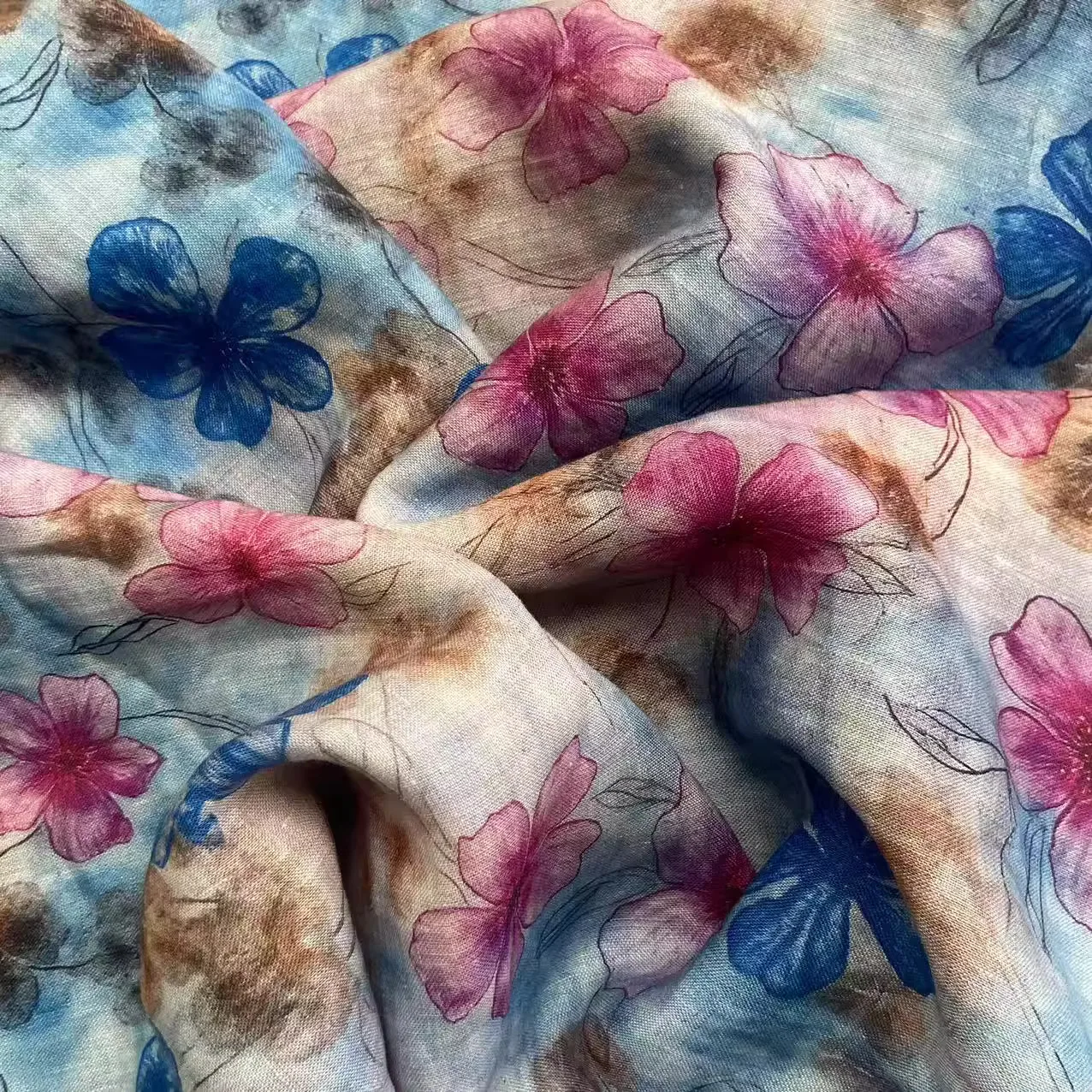 1yard High quality ramie fabric for material Blue Pink Flower Dream painting telas Shirt pants dress cheongsam fabrics