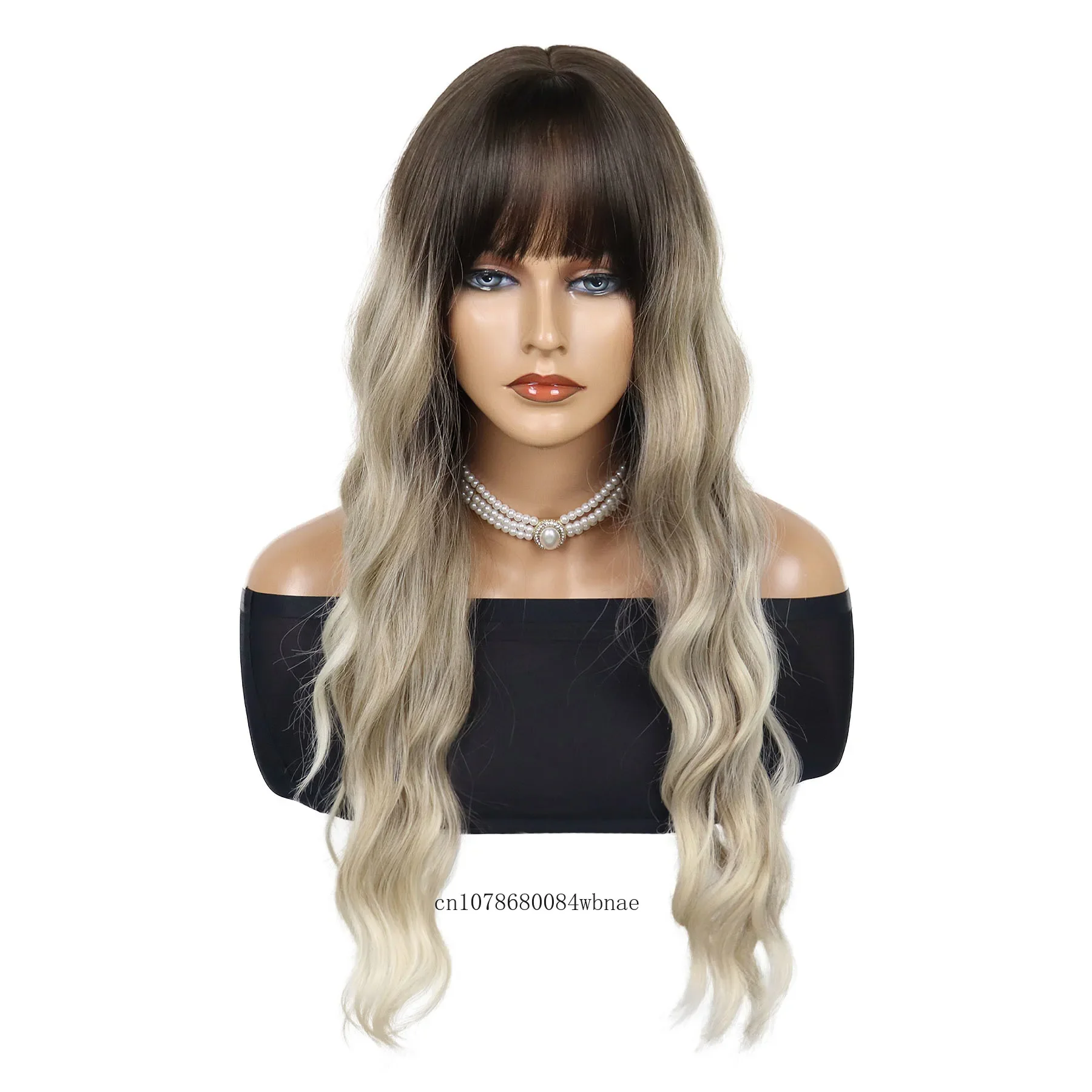 Synthetic Ombre Blonde Wig 27Inch Long Curly Wavy Highlight Wigs with Bangs for Women Drag Queen Wig Daily Party Natural Looking