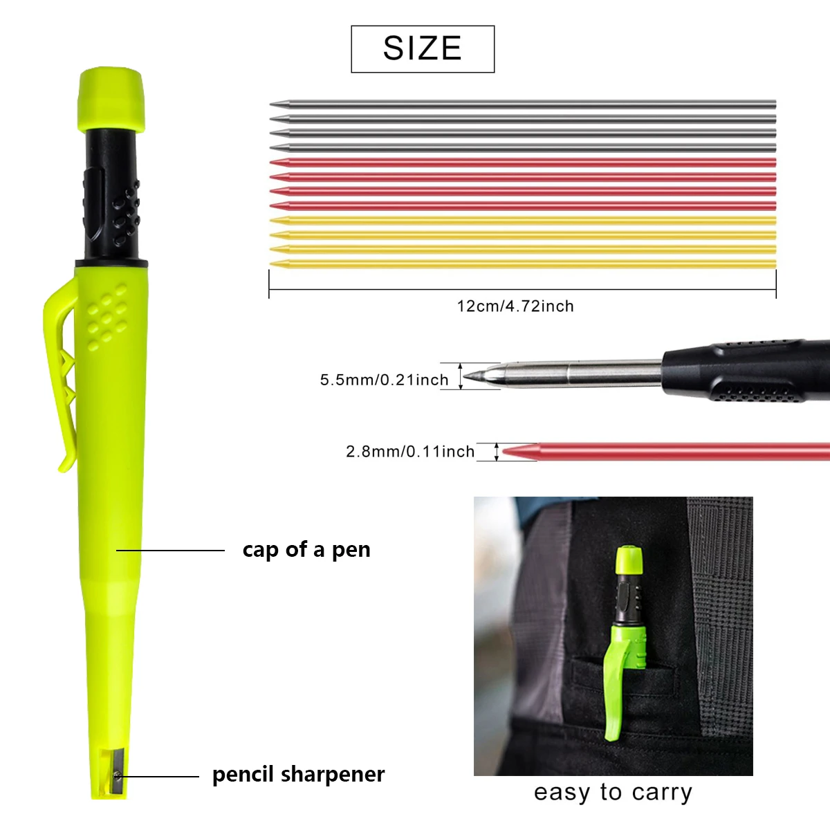 2.8mm Woodworking Automatic Pencil with A Protective Case Pencil Sharpener Black Yellow Red 2B Lead Core Deep Hole Marking Pen