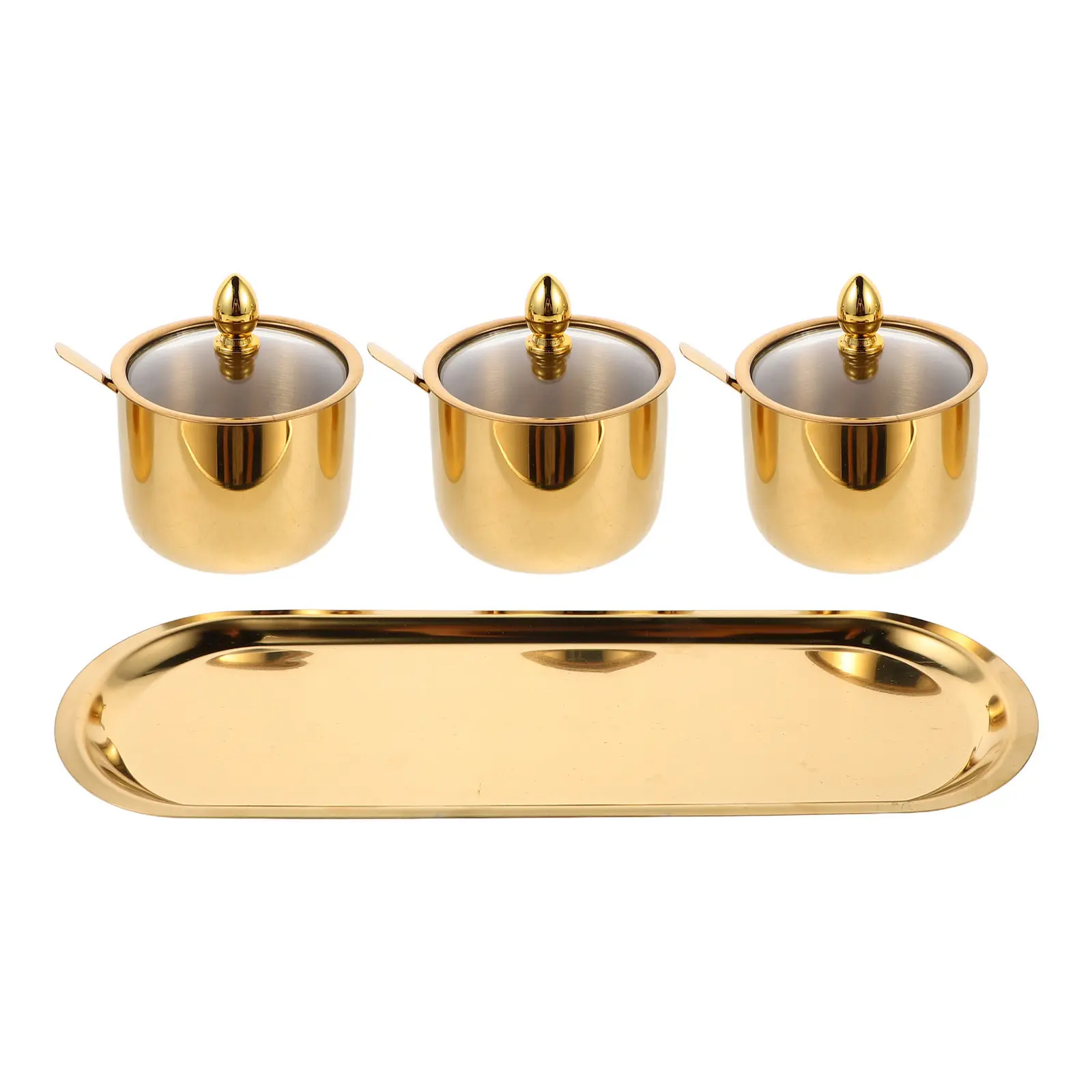 1Set Stylish 3-Grid Metal Condiment Set Stainless Steel Seasoning Containers with Clear Glass Lid Reusable Tray Salt Sugar Spice