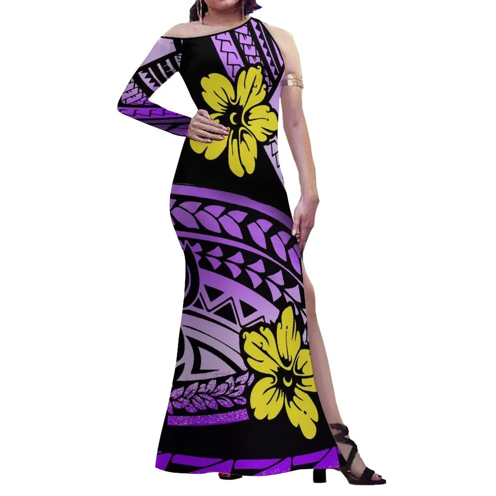 

Purple Print Big People Party Clothing Customized On Demand Polynesian Retro Style Dress Pacific Island Art Trendy Slit Dress