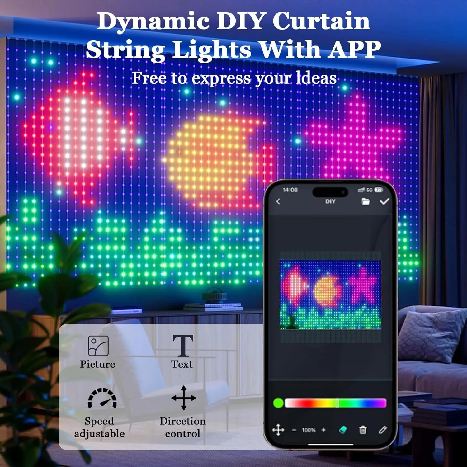 Smart Programmable LED Curtain Light, APP Remote Control, DIY Pixel Art & Animation, Music Reactive, for Garden Party Gift