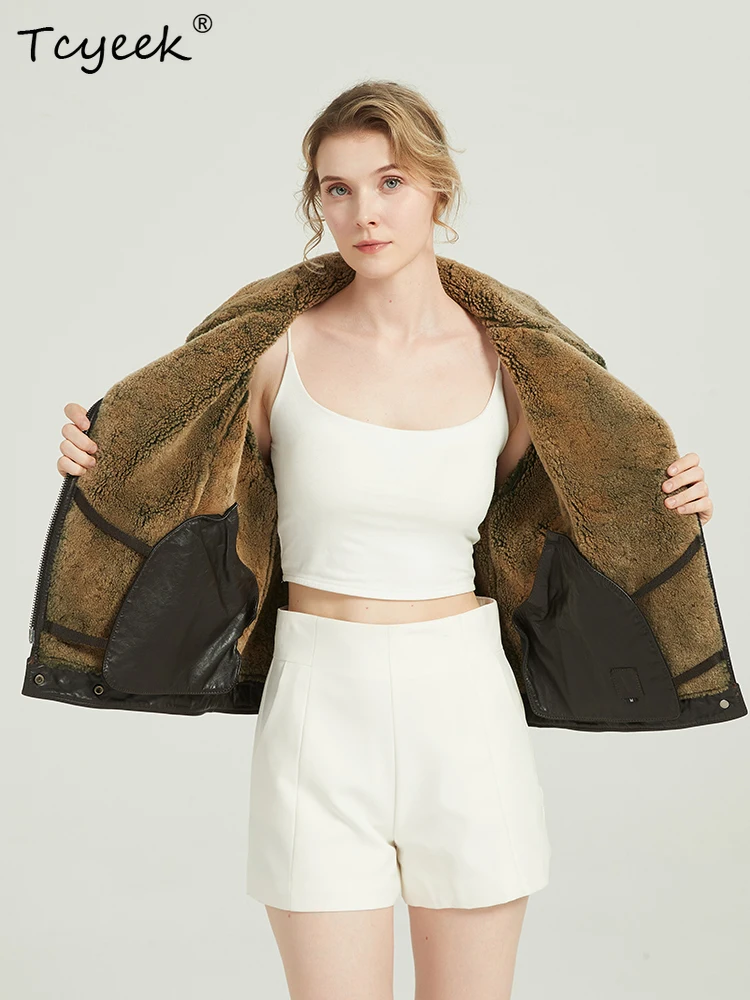 Ayunsue jaqueta de pele de carneiro de couro genuíno roupas de inverno 2025 casaco de pele natural feminino lã de cordeiro motocycle jaquetas mulher streetwear