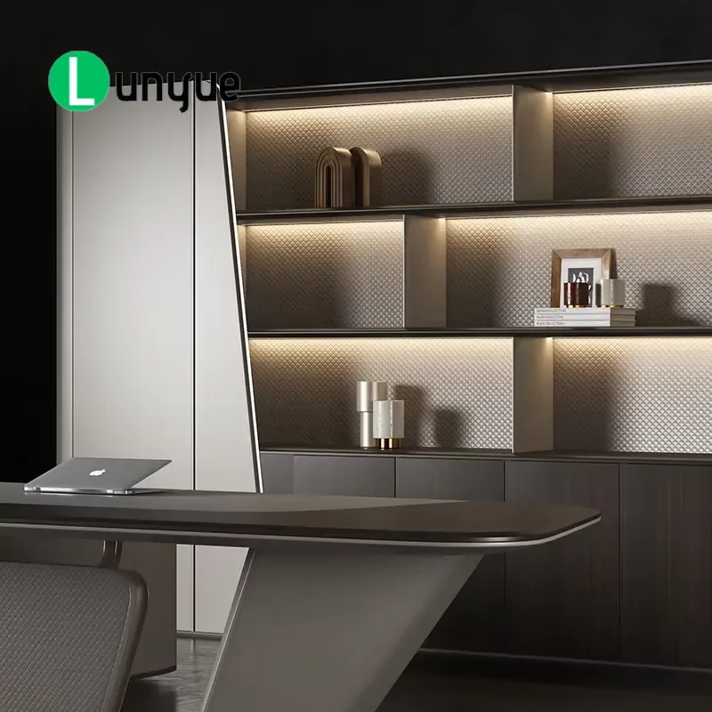 Modern Luxury Wooden Office Bookshelf Executive CEO File Storage Cabinet Background Wall Unit for Home Business
