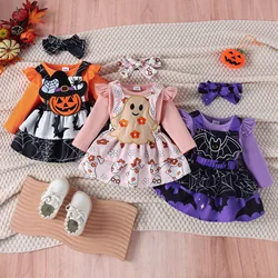 2024 Halloween Baby Girl Clothes Embroidery Suspender Skirt Headband Sets Cute Flying Sleeve Romper 0-18M Princess Baby Dresses