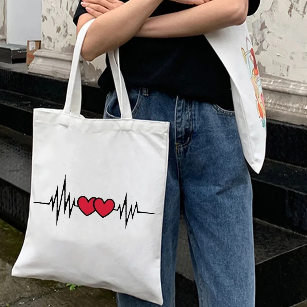 Śmieszny Uśmiech Prosta Śliczna Para Linia Sztuka Kij Figury Miłość Serce Damska Bawełniana Torba na Zakupy Płótno Torebka na Ramię Kobieta