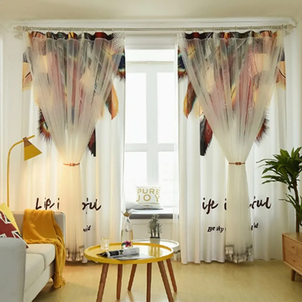 

Modern Curtain For Living Room Bedroom Tropical Feather Printed Voile Curtain Curtains Cloth Tulle Cortinas Double layer